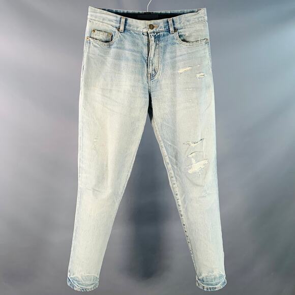SAINT LAURENT Size 31 Blue Distressed Cotton Tapered Zip Fly Jeans - Picture 1 of 9